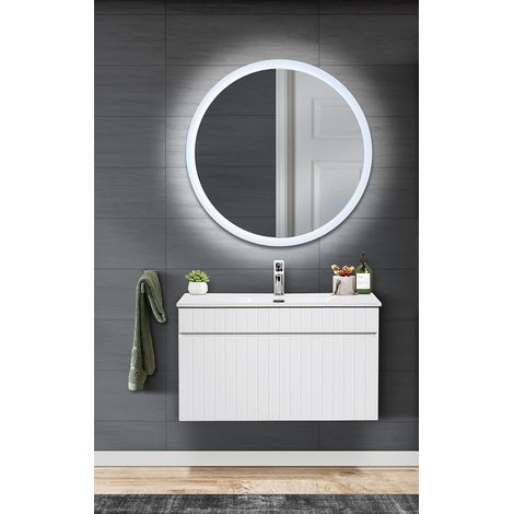 Waschplatz Set mit LED Spiegel und 80cm Waschtischunterschrank inkl. Keramik Waschbecken IRAKLIO-56 in weiß matt, B/H/T: ca. 81/200/46 cm (1/5)