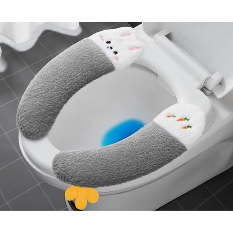 Lot de 3 paires de coussinets de siège de WC doux à motif lapin – Housses de siège de WC chaudes, confortables et faciles à fixer en gris, bleu et rose, pour l'hygiène et le confort dans la salle de b (1/5)