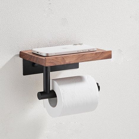 Portarrollos de papel higiénico con estante de madera - Nogal - Acero inoxidable negro mate (1/4)