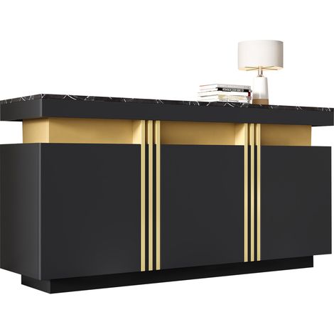 CHICFURN Aparador de almacenaje 140x38x70 cm negro, efecto mármol, 3 puertas (1/5)