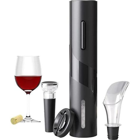 Ouvre-bouteille Électrique - 6 S - Fonctionne sur Piles AA - Pour Vin Classique - Ensemble Complet avec Décapsuleur, Doseur et Bouchon Sous Vide - Noir (1/5)