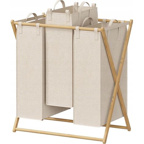 Wäschekorb aus Holz und Bambus, 3 Körbe, drei Fächer, 150 l, ZCE1