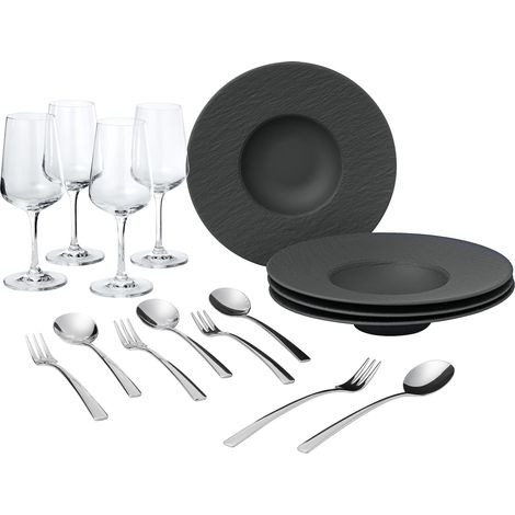 Villeroy & Boch - Set di stoviglie per amanti della pasta e del vino, 12 pz., look ardesia in nero opaco, servizio da tavola per 4 persone (1/5)