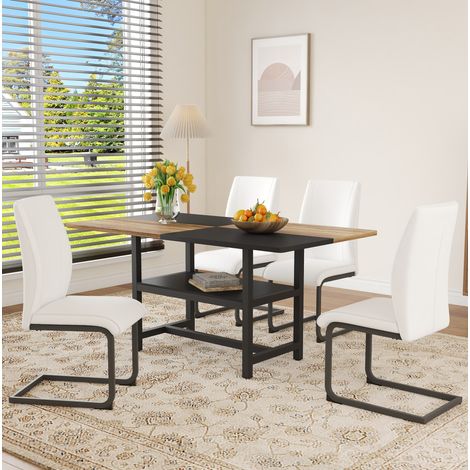 Ensemble de salle à manger MDF décor bois et métal avec 1 table 160 cm, rangement intégré et 4 chaises blanches en PU (1/5)