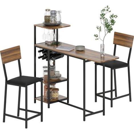 Conjunto de mesa alta de bar y 2 taburetes extensible 140 x 40 cm, MDF y metal, marrón (1/5)