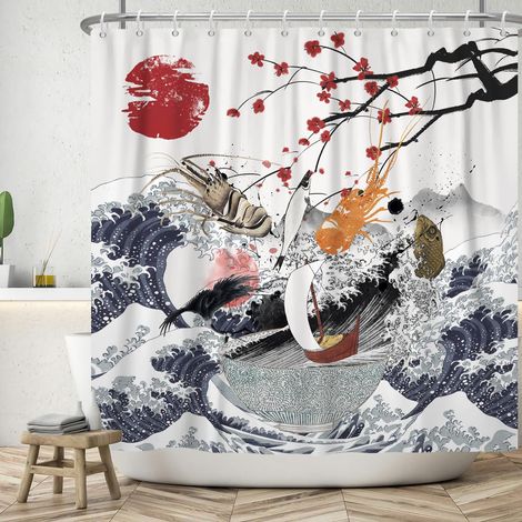 140x180cm Grande Vague Rideau de Douche océan Fuji Mont Rouge Soleil Voile Poisson crevette Cerisier Fleur Asie Japon Traditionnel Ukiyo e Art avec Crochet Rideau de Douche (1/5)