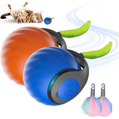 Ecleanfy - Balle jouet pour chat avec queue en peluche, jouet intelligent pour chat d'intérieur (bleu + orange)