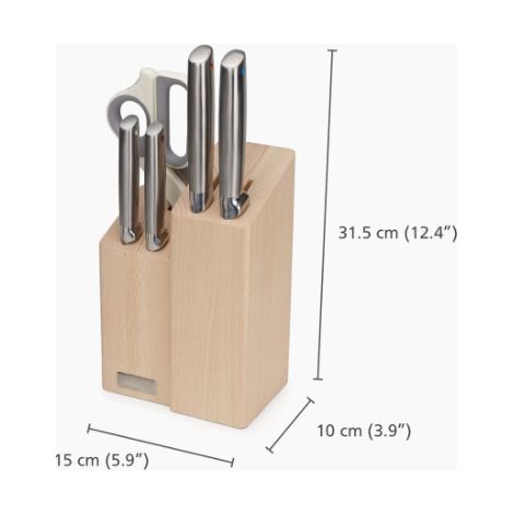 Juego de cuchillos y tijeras Joseph Joseph Elevate Fusion de 5 piezas con bloque de madera de haya, diseño funcional y elegante, ideal para cocina moderna, color plateado