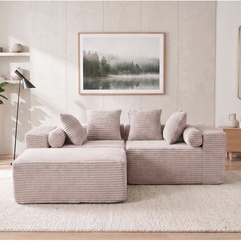 Sofá esquinero modular 266x110x60 cm de chenilla beige, sin montaje, MEUBLIV (1/5)