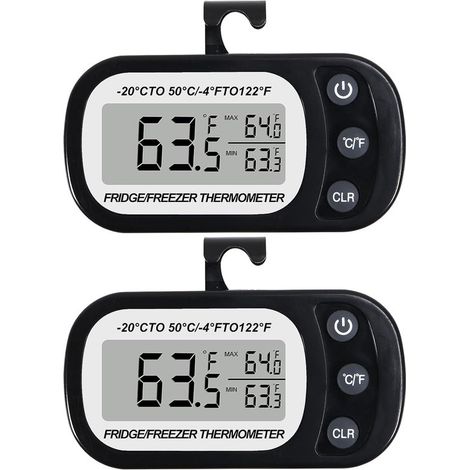 2 termometri digitali neri per frigorifero, con ampio display LCD e gancio per il fissaggio, commutabili tra °C e °F, ideali per cucina e ristorazione. (1/4)