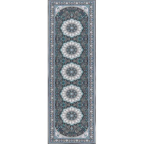 Tapis de Couloir Bleu en Polyester 80 x 240 cm à Motif Circulaires Blancs Gediz