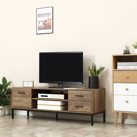 TV-Ständer/Bank für Fernseher bis zu 50 Zoll, mit Schrank, 2 Schubladen und Ablage – 2 Kabeldurchführungen – 132 x 39 x 45,5 cm, braun/schwarz