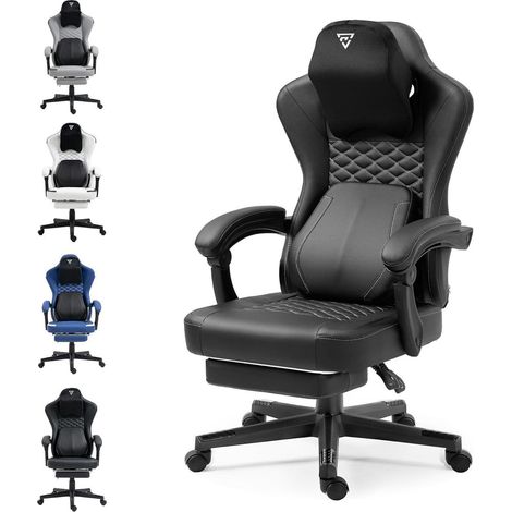 Gaming Stuhl mit Massage, Lendenwirbelstütze, Fußstütze, schwarz (1/5)