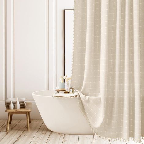 Tenda da doccia a quadri in stile bohémien - Tenda da doccia rustica in lino e poliestere - Tenda da doccia piccola e robusta con nappe - Tenda da doccia in tessuto bohémien beige, 91,5x183 cm (1/5)