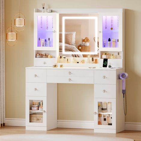 Tavolo da trucco a LED per camera da letto 108x40x156 cm con specchio, 7 cassetti, 1 armadietto, porta gioielli, colore bianco (1/5)
