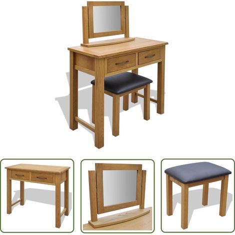 Coiffeuse avec miroir - vidaXL Coiffeuse avec tabouret Bois de chêne massif - Coiffeuse avec tabouret (1/5)
