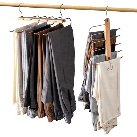 Youyijia 5-Layer Trouser Hangers Space Saving 2-Pack Multi-Functional Wardrobe Organizers Non-Slip Pants Hangers Closet Organizers for Jeans Clothes Scarves and Towels (Natural) (1/5)