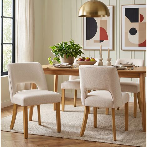 Lot de 4 chaises de salle à manger en lin beige avec pieds en bois massif, design moderne (1/5)