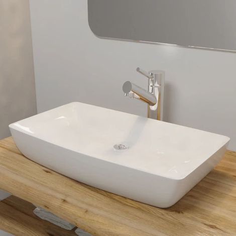 Vidaxl – Vasque à poser rectangulaire en céramique blanche 71 x 39 cm – Finition laquée moderne – Trou de vidange 4,5 cm – Facile à nettoyer (1/9)