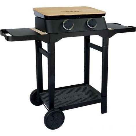 Plancha à gaz 2 brûleurs 4 kW – Plaque en fonte émaillée – Surface de cuisson L 56,5 × l 36,5 cm – Chariot avec roues crantées (1/5)