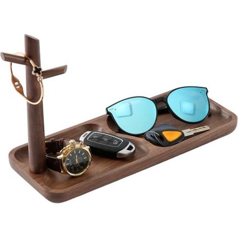 Bandeja de madera para llaves, joyero o con 3 ganchos para colgar anillos, teléfono, pulseras y relojes (madera de nogal) (1/4)