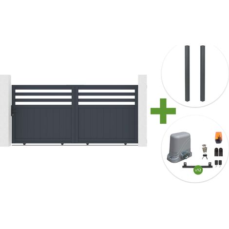 Portail coulissant 3m NEVIS H.140cm aluminium gris + 2 poteaux ELDA aluminium gris 15x15cm + motorisation Tanker C600 (1/5)