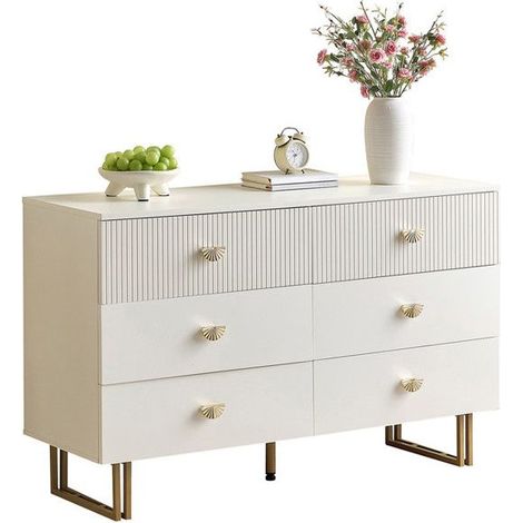 Buffet moderne - Blanc - 6 tiroirs - Accents dorés - MDF et acier - 120x40x75 cm (1/5)