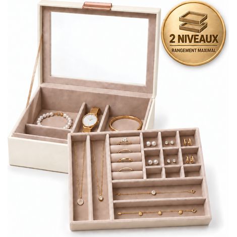 Boîte à bijoux Blanche Coffret à bijoux avec couvercle en verre & tiroirs Blanc crème 2 niveaux (1/5)