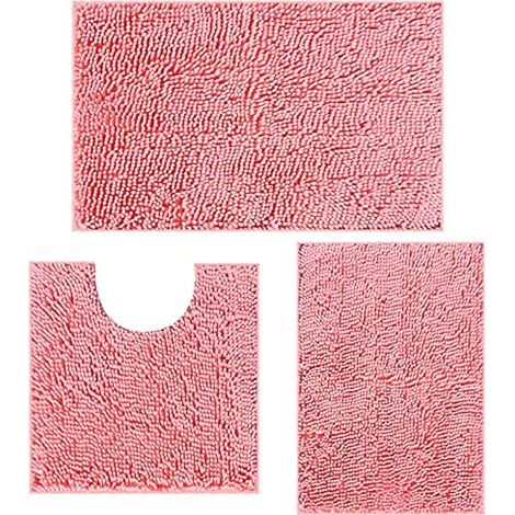 Lot de 3 tapis de bain antidérapants et lavables pour la salle de bain, douche, baignoire, décoration WC (rose) (1/4)