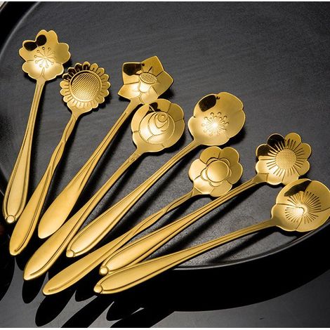 Lot de 8 cuillères à dessert florales dorées – Cuillères de luxe en acier inoxydable avec motif floral, pour glaces, café et thé (1/5)