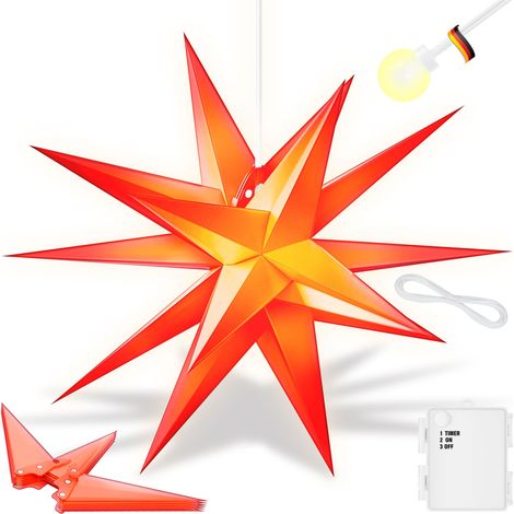 KESSER® Leuchtstern 3D LED Weihnachtsstern mit Timer für innen und außen Adventsstern Beleuchtet hängend Stern + Warmweiß Licht Rot / mit Timer / 35cm (1/5)