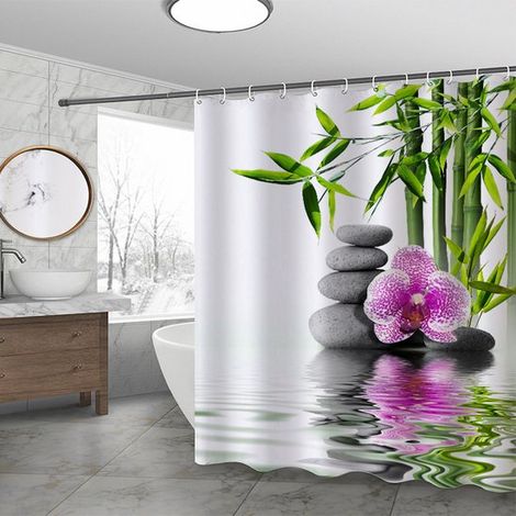 Cortinas de ducha - Bambú Cymbidium 3D - Cortina de ducha - 180 x 200 cm - Con gancho de plástico - Para baño y aseo - Pebble Zen - Poliéster (1/4)