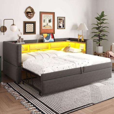 Lit gigogne 90 x 180 x 190 cm gris anthracite led usb rangements intégrés sans matelas (1/5)