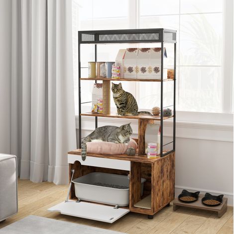 CHICFURN Mobile lettiera per gatti 80 x 48 x 152 cm marrone, 3 livelli, tiragraffi, anta sollevabile (1/5)