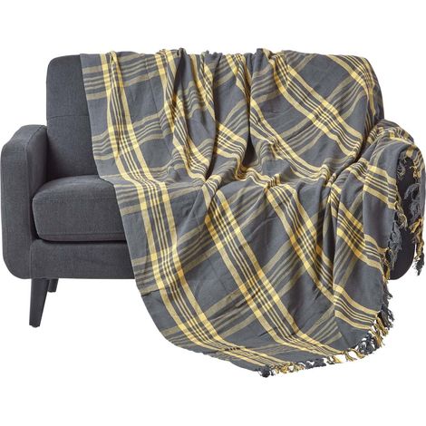 HOMESCAPES Grey & Yellow Tartan Check Sofa and Bed Throw, 255 x 360 cm