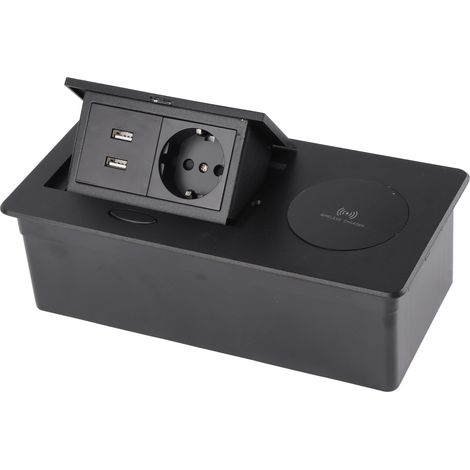 Chargeur sans fil, sans soudure, prise de bureau encastrable pour salles de conférence et bureaux, norme européenne + double prise USB noire, 250 V CA (1/5)