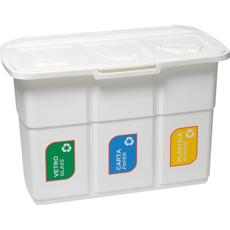 DEA HOME Ecopat Pattumiera per raccolta differenziata bianca 75x37x50h cm, 3 scomparti da 25 litri, con clip fermasacco, in plastica resistente riciclata, ideale per interni ed esterni