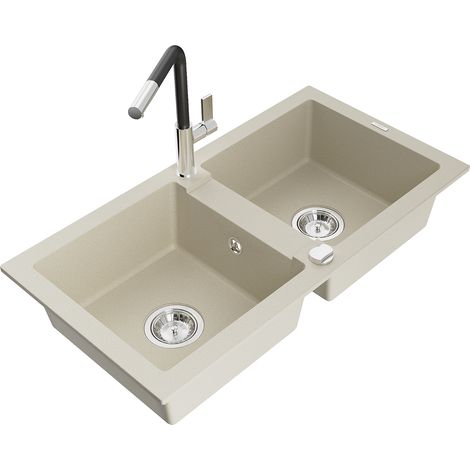 Mexen Mario 2-Becken-Granitspüle mit Mischbatterie Flora, Beige - 6504-69-670401-07