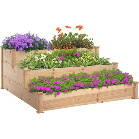 Letto per Orto Rialzato a 3 Livelli in Legno Naturale, Fioriera da Esterno per Piante, 120x120x56cm