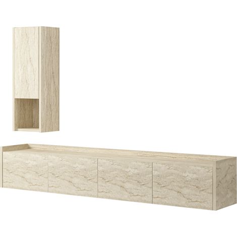 Porta TV in legno "Sema" con mensola a muro - 160 x 30 x 35 cm - Travertino