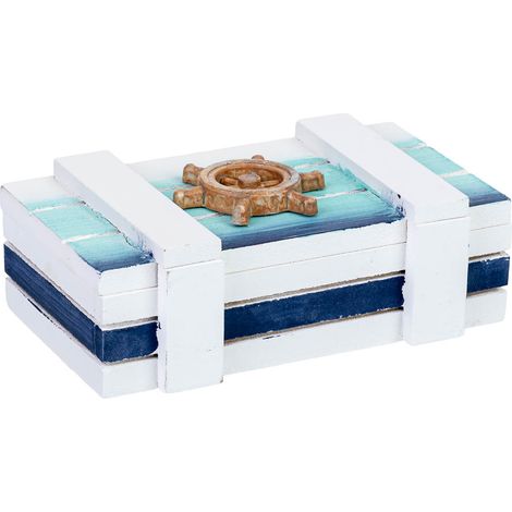 Caja de madera decorativa con timón azul 14.5x10x5h cm