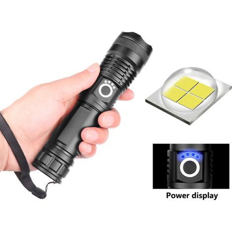 Lampe Torche LED Ultra Puissante, 12000 Lumens Lampe de Poche Rechargeable, XHP70.2 Lampe Tactique, IP67 Étanche, 5 Modes USB Torche, pour Camping Randonnée Urgence (avec 5000mAh batterie) [Classe éne (1/5)