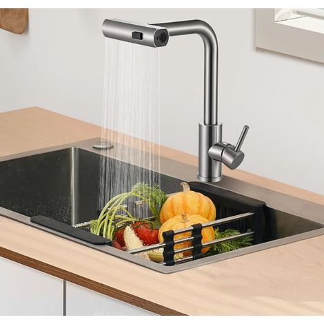 Küchenarmatur aus gebürstetem Edelstahl, Wasserhahn Küche 3-in-1-Wasserfall- ausziehbarer Brausekopf mit 360-Grad-Drehung, ideal für Doppelwaschtische große Arbeitsplatten