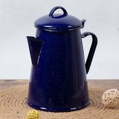 Cafetera o tetera vintage de esmalte azul moteado, ideal para cocinar en interiores, acampar y actividades al aire libre. (1/5)
