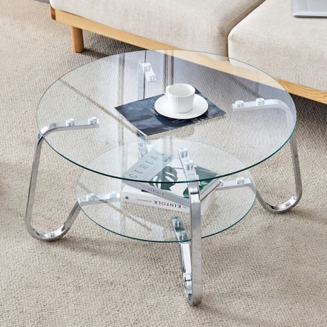 Couchtisch rund Glas Metall 80x80x45 cm, 2 Ebenen Couchtisch mit Ablage aus gehärtetem Glas, retro Wohnzimmertisch mit Metallrahmen
