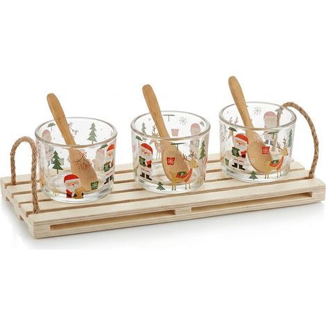 Antipastiera 3 Posti con Ciotole in vetro,vassoio e cucchiaini in Legno di Bambù -Decoro babbo natale e renne Ottima Idea Regalo per Natale Porta Stuzzichini Aperitivo Natalizio (1/5)