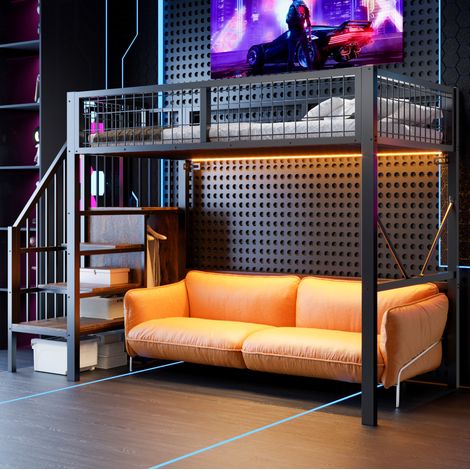 Lit mezzanine enfant 90x200 noir métal avec LED et rangement, sans matelas FloraGrace (1/5)