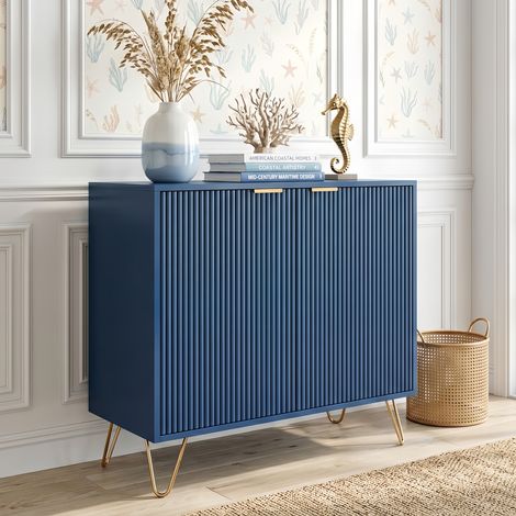 Buffet 80 cm avec 2 Portes et Pieds Dorés - Design Cannelé Moderne - Meuble de Rangement pour Salon et Chambre - Bleu Marine