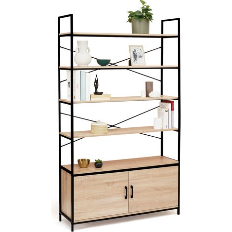 Idmarket – Etagère XL 5 niveaux avec placard – Structure métal noir – Longueur 100 cm – Hauteur 170 cm – Design industriel