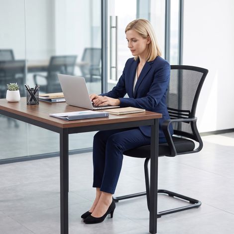 Lot de 2 chaises de bureau ergonomiques sans roulettes, fauteuils de conférence rembourrés à piètement coulissant pour salle d'attente et accueil, noir (1/5)